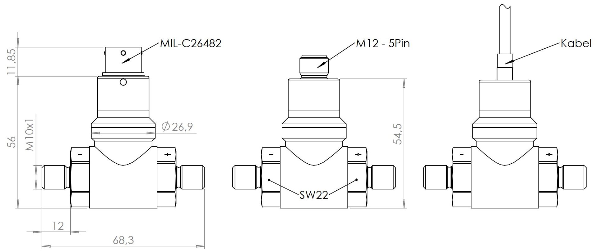 Differenzdrucksensor PV2722 Abmessungen Elektrischer Anschluss Mil-C26482, M12 und Kabel
