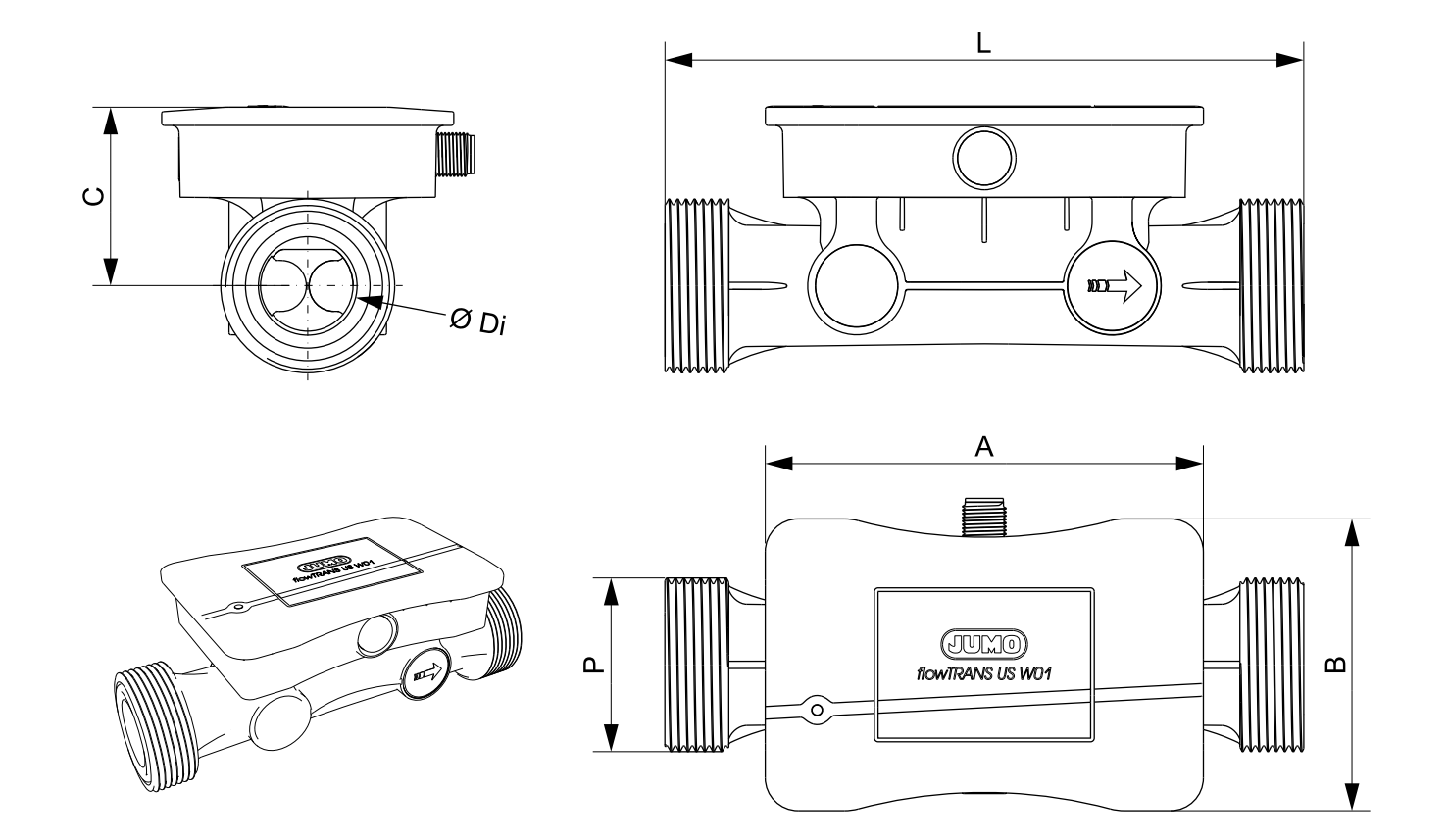 Dimensionen JUMO flowTrans US W01